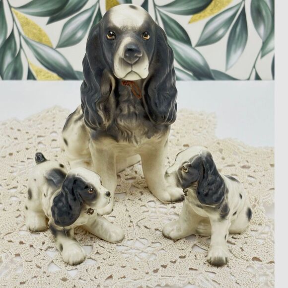 Large Vintage Springer Spaniel Cocker Set of 3 Mom and Puppies Black White - Picture 1 of 6